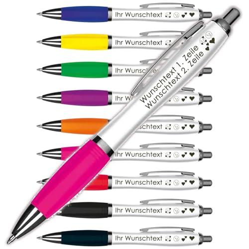 Kugelschreiber mit Wunschgravur | Weißer Schaft & Metallclip | Blaue Großraummine | Farbige Gummimanschette | 2 Zeilen Gravur möglich | Werbegeschenk | 9 Farben (Pink, 250) von Juwelier Schönschmied