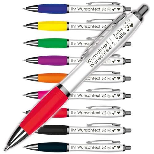 Kugelschreiber mit Wunschgravur | Weißer Schaft & Metallclip | Blaue Großraummine | Farbige Gummimanschette | 2 Zeilen Gravur möglich | Werbegeschenk | 9 Farben (Rot, 1) von Juwelier Schönschmied