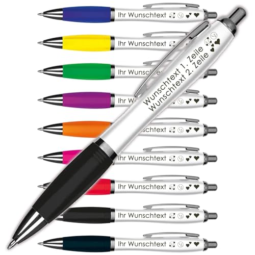 Kugelschreiber mit Wunschgravur | Weißer Schaft & Metallclip | Blaue Großraummine | Farbige Gummimanschette | 2 Zeilen Gravur möglich | Werbegeschenk | 9 Farben (Schwarz, 5) von Juwelier Schönschmied