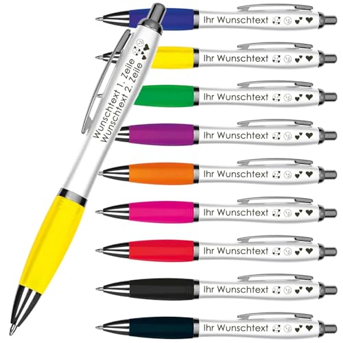 Kugelschreiber mit Wunschgravur | Weißer Schaft & Metallclip | Blaue Großraummine | Farbige Gummimanschette | 2 Zeilen Gravur möglich | Werbegeschenk | 9 Farben (gelb, 10) von Juwelier Schönschmied