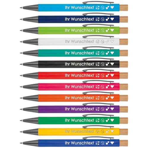 Kugelschreiber mit Wunschgravur | recyceltes Aluminium | Bambusdrücker | Farbmix | Personalisierte Kulis | 13 Farben | Schriftarten | Werbekugelschreiber Gravur (mix, 1000) von Juwelier Schönschmied