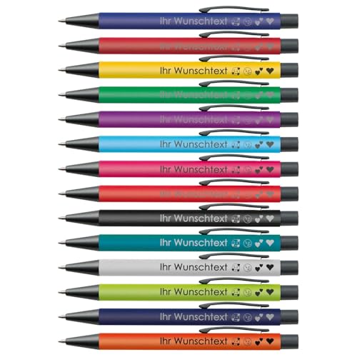 Kugelschreiber mit mattfarbigem Schaft & Metallclip | Blaue Mine | Wunschgravur (zweizeilig) | Farbmix verfügbar | Personalisierter Kugelschreiber als Werbegeschenk | 14 Farben (Mix, 25) von Juwelier Schönschmied