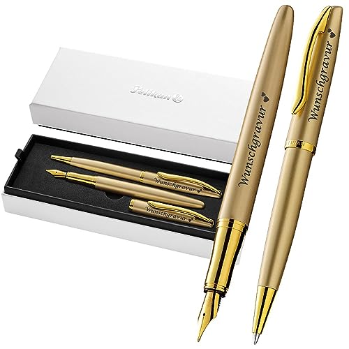 Pelikan Füller & Kugelschreiber Jazz® Noble Elegance im Set mit Wunschgravur | inkl. Geschenkeuti | Emoji Gravur | Gold Gelb Schreibset mit Gravur PS203 von Juwelier Schönschmied