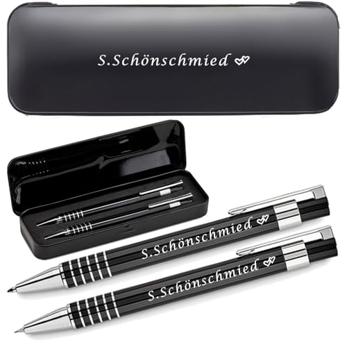 Schreibset mit Kugelschreiber & Druckbleistift aus Aluminium mit Gravur | blau schreibender Kugelschreiber | personalisiertes Schreibset | Geschenkbox mit Gravur | Gravierter Kugelschreiber mit Name von Juwelier Schönschmied