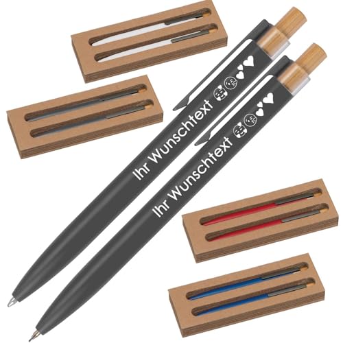 Schreibset mit Wunschgravur | Kugelschreiber und Druckbleistift | Bambusdrücker | recyceltes Aluminium | Blau schreibend | 4 Farben | Schriftarten | Werbekugelschreiber Gravur (Anthrazit, 100) von Juwelier Schönschmied