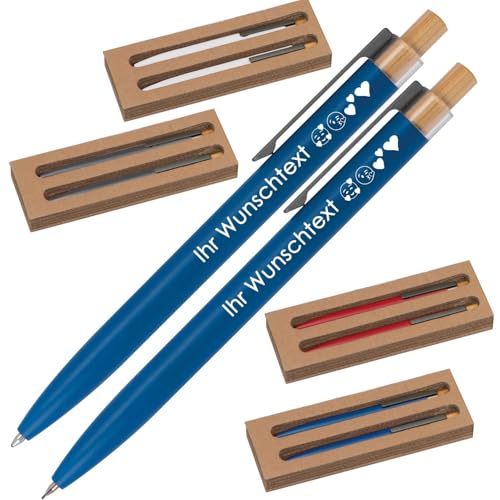 Schreibset mit Wunschgravur | Kugelschreiber und Druckbleistift | Bambusdrücker | recyceltes Aluminium | Blau schreibend | 4 Farben | Schriftarten | Werbekugelschreiber Gravur (Blau, 25) von Juwelier Schönschmied