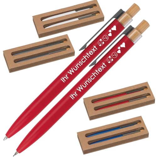Schreibset mit Wunschgravur | Kugelschreiber und Druckbleistift | Bambusdrücker | recyceltes Aluminium | Blau schreibend | 4 Farben | Schriftarten | Werbekugelschreiber Gravur (Rot, 1) von Juwelier Schönschmied
