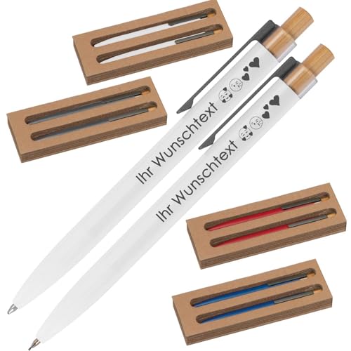 Schreibset mit Wunschgravur | Kugelschreiber und Druckbleistift | Bambusdrücker | recyceltes Aluminium | Blau schreibend | 4 Farben | Schriftarten | Werbekugelschreiber Gravur (Weiß, 25) von Juwelier Schönschmied