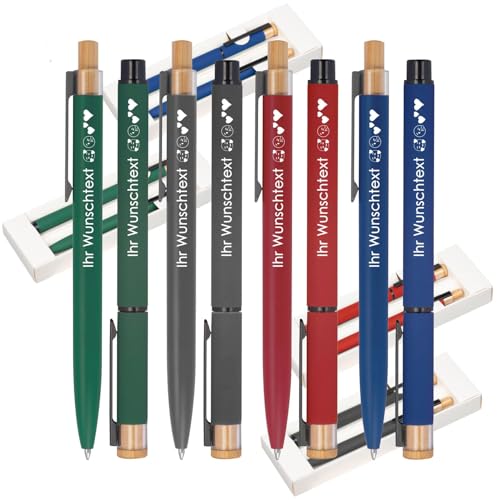 Schreibset mit Wunschgravur | Kugelschreiber und Rollerball | Bambusdrücker | recyceltes Aluminium | Blau schreibend | 4 Farben Mix | Schriftarten | Werbekugelschreiber Gravur (Mix, 50) von Juwelier Schönschmied