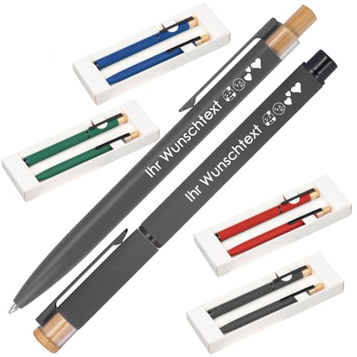 Schreibset mit Wunschgravur | Kugelschreiber und Rollerball | Bambusdrücker | recyceltes Aluminium | Blau schreibend | 4 Farben | Schriftarten | Werbekugelschreiber Gravur (Anthrazit, 250) von Juwelier Schönschmied