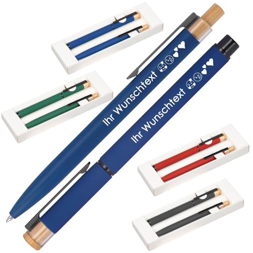 Schreibset mit Wunschgravur | Kugelschreiber und Rollerball | Bambusdrücker | recyceltes Aluminium | Blau schreibend | 4 Farben | Schriftarten | Werbekugelschreiber Gravur (Blau, 25) von Juwelier Schönschmied