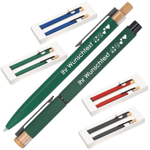 Schreibset mit Wunschgravur | Kugelschreiber und Rollerball | Bambusdrücker | recyceltes Aluminium | Blau schreibend | 4 Farben | Schriftarten | Werbekugelschreiber Gravur (Dunkelgrün, 250) von Juwelier Schönschmied
