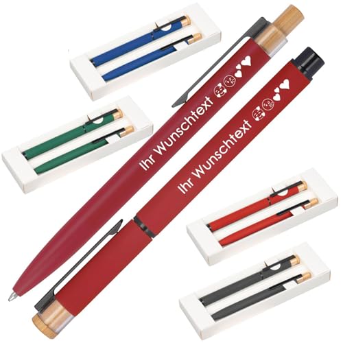 Schreibset mit Wunschgravur | Kugelschreiber und Rollerball | Bambusdrücker | recyceltes Aluminium | Blau schreibend | 4 Farben | Schriftarten | Werbekugelschreiber Gravur (Rot, 1) von Juwelier Schönschmied