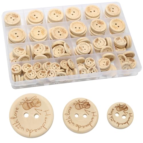Holzknöpfe 150 Stück, Naturholzknöpfe Runde Form, Handmade Knöpfe 15mm 20mm 25mm zum Basteln und Nähen, Kleine Runde Knopf mit 2 Löcher für Nähen DIY Basteln Dekorationen (Bee) von Juyibaao
