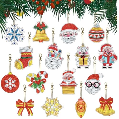 Juyibaao 16 Stück Diamond Painting Weihnachten Anhänger Set, Doppelseitige Diamond Painting Schlüsselanhänger, DIY 5D Diamant Painting Anhänger Geschenkanhänger Weihnachtsbaumanhänger von Juyibaao