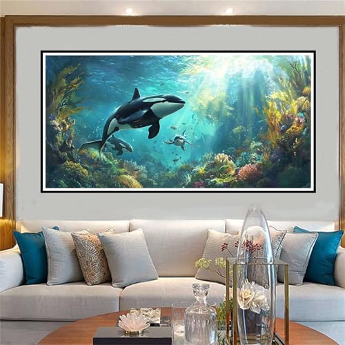 Malen Nach Zahlen Erwachsene Delphin, Paint by Numbers Meer, DIY Malen Nach Zahlen Kinder, mit 3 Pinseln und Acrylfarben Handgemalt Ölgemälde Leinwand für Home Dekoration, Ohne Rahmen 50x100cm-W527 von Jvyaeen