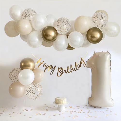 Jwssor Geburtstagsparty-Dekoration, Luftballons zum 1. Geburtstag, cremefarbene Zahl Eins, goldfarbenes Geburtstagsbanner, sandweiße Luftballons für Geburtstagsparty, Bab Jwssor Geburtstagsparty-Dekoration, Luftballons zum 1. Geburtstag, cremefarbene Zahl Eins, goldfarbenes Geburtstagsbanner, sandweiße Luftballons für Geburtstagsparty, Bab von Jwssor