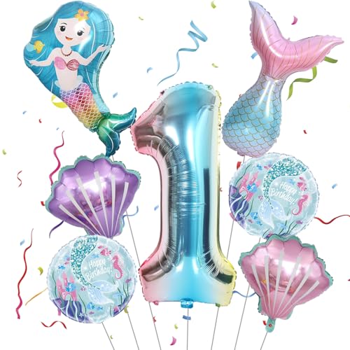 Jwssor Meerjungfrauen-Folienballons, Dekoration zum 1. Geburtstag, Nummer 1, Meerjungfrauenschwanz, Aluminium, Muschel-Aluminiumfolie für Geburtstagsparty Jwssor Meerjungfrauen-Folienballons, Dekoration zum 1. Geburtstag, Nummer 1, Meerjungfrauenschwanz, Aluminium, Muschel-Aluminiumfolie für Geburtstagsparty von Jwssor