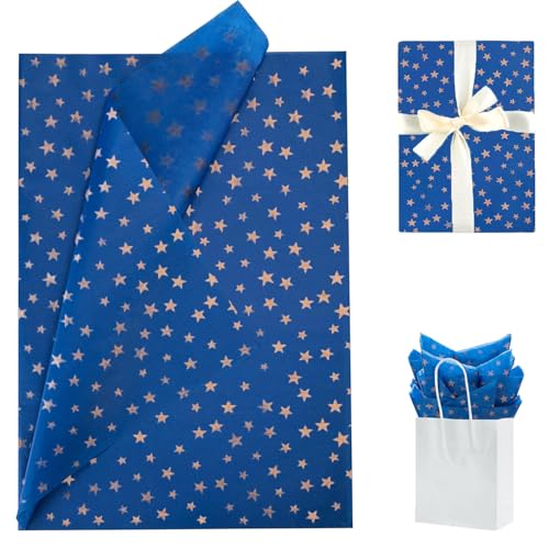 Jwssor Seidenpapier mit Sternen, 50 x 35 cm, blau-goldenes Sternenpapier für Weihnachten, Hochzeit, Geburtstag, Basteln, 20 Blatt von Jwssor