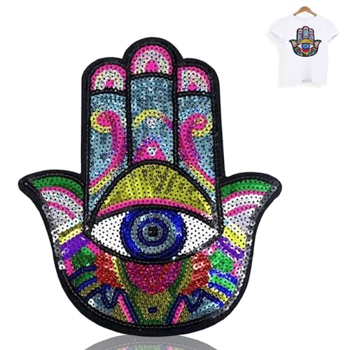 1 Stück Hand des bösen Blicks Aufnäher für Erwachsene, Stickerei-Aufnäher, dekorative Pailletten-Aufnäher zum Aufbügeln oder Aufnähen, große Aufnäher, Augen-Hand-Aufnäher zum von Jwthee