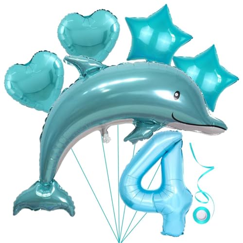 Delfin Blau Junge Folienballon 4.Geburtstag Junge Blau Delfin Luftballon Set XL Zahlen Ballon Zahl 4 Folienballon Meerestier Luftballons Numbers 4 Foil Balloon 4 Jahre Junge Sternfolie Luftballon von Jxuzh