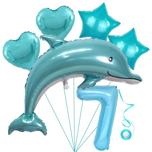 Delfin Blau Junge Folienballon 7.Geburtstag Junge Blau Delfin Luftballon Set XL Zahlen Ballon Zahl 7 Folienballon Meerestier Luftballons Numbers 7 Foil Balloon 7 Jahre Junge Sternfolie Luftballon von Jxuzh