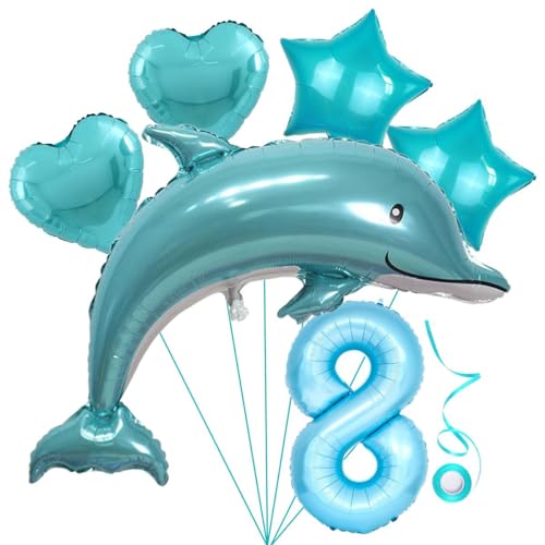Delfin Blau Junge Folienballon 8.Geburtstag Junge Blau Delfin Luftballon Set XL Zahlen Ballon Zahl 8 Folienballon Meerestier Luftballons Numbers 8 Foil Balloon 8 Jahre Junge Sternfolie Luftballon von Jxuzh