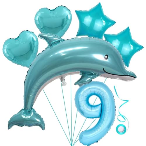 Delfin Blau Junge Folienballon 9.Geburtstag Junge Blau Delfin Luftballon Set XL Zahlen Ballon Zahl 9 Folienballon Meerestier Luftballons Numbers 9 Foil Balloon 9 Jahre Junge Sternfolie Luftballon von Jxuzh