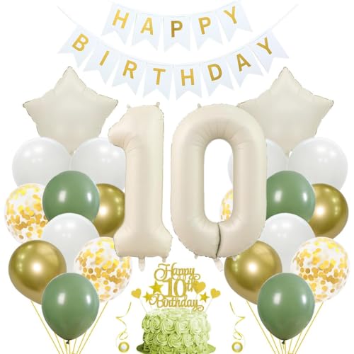 Jxuzh 10. Geburtstag Deko - Salbeigrüne Luftballon Deko für Mädchen und Jungen - Beige-Weiß Geburtstagsdeko mit tortendeko für 10. Geburtstag von Jxuzh