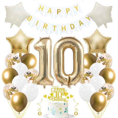 Jxuzh 10. Geburtstag Dekoset 'Hellgold & Weiß'33-teiliges Set mit Luftballons, Girlande, Folienzahl 10, cremefarbenen Sternen & Glitzer-Kuchen topper – Für Jungen und Mädchen Jxuzh 10. Geburtstag Dekoset 'Hellgold & Weiß'33-teiliges Set mit Luftballons, Girlande, Folienzahl 10, cremefarbenen Sternen & Glitzer-Kuchen topper – Für Jungen und Mädchen von Jxuzh
