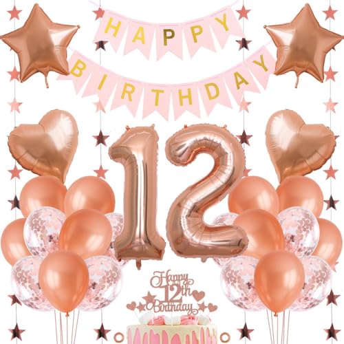 Jxuzh 12. Geburtstag Dekoration Mädchen Deko 12. Geburtstag Mädchen Luftballon 12. Geburtstag Rosegold Geburtstagsdeko 12 Rosegold Happy Birthday 12 Geburtstag Deko 12 Jahr Geburtstag Mädchen 33pcs von Jxuzh