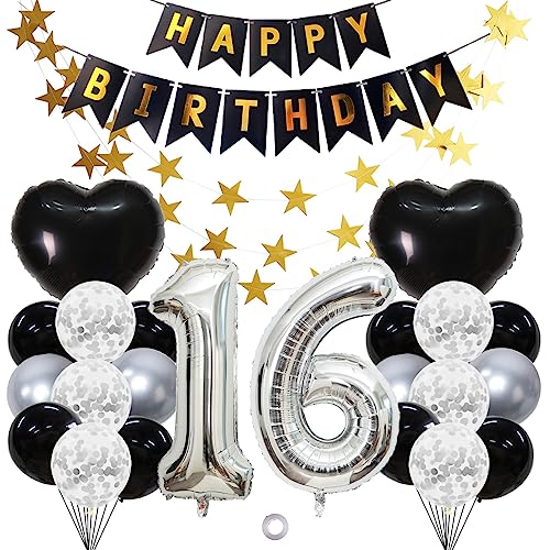 Jxuzh 16 geburtstagsdeko Luftballons Set Schwarz Silber 32 Zoll Folienballon-Zahl 16 Schwarz Silber Ballons - 24 Stück-für Geburtstag, Dekoration, Luft/Heliumballon von Jxuzh