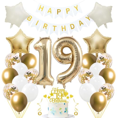 Jxuzh 19. Geburtstag Dekoset 'Hellgold & Weiß'33-teiliges Set mit Luftballons, Girlande, Folienzahl 19, cremefarbenen Sternen & Glitzer-Kuchen topper – Für Jungen und Mädchen Jxuzh 19. Geburtstag Dekoset 'Hellgold & Weiß'33-teiliges Set mit Luftballons, Girlande, Folienzahl 19, cremefarbenen Sternen & Glitzer-Kuchen topper – Für Jungen und Mädchen von Jxuzh