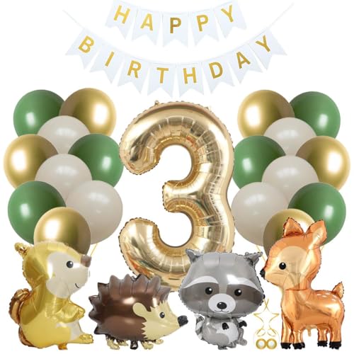 Jxuzh 3.Geburtstag Dekoset mit Waldtier-Folienballons (Eichhörnchen、Igel、Elch、Waschbär) – Inkl. Zahl 3, Avocado-Aprikosen Latexballons, Weißebanner – Für Babyparty & Kinder – 25tlg Luftballon-Deko von Jxuzh