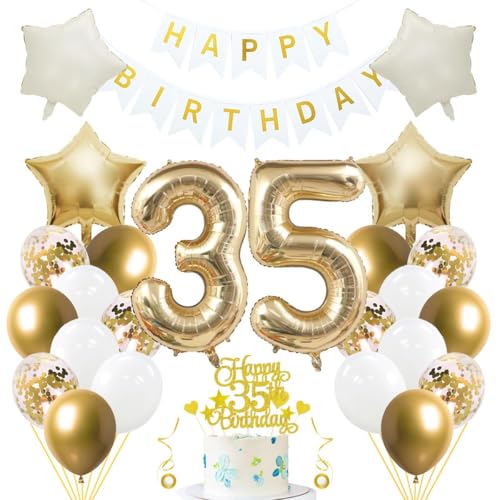 Jxuzh 35. Geburtstag Dekoset 'Hellgold & Weiß'33-teiliges Set mit Luftballons, Girlande, Folienzahl 35, cremefarbenen Sternen & Glitzer-Kuchen topper – Für Männer und Frauen Jxuzh 35. Geburtstag Dekoset 'Hellgold & Weiß'33-teiliges Set mit Luftballons, Girlande, Folienzahl 35, cremefarbenen Sternen & Glitzer-Kuchen topper – Für Männer und Frauen von Jxuzh