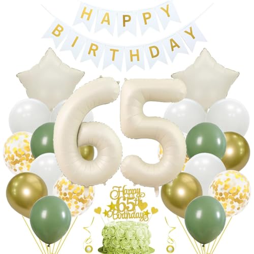 Jxuzh 65. Geburtstag Deko Salbeigrün Beige Weiß Gold - Luftballon und Tortendeko für Mann und Frau - Zahl 65 von Jxuzh