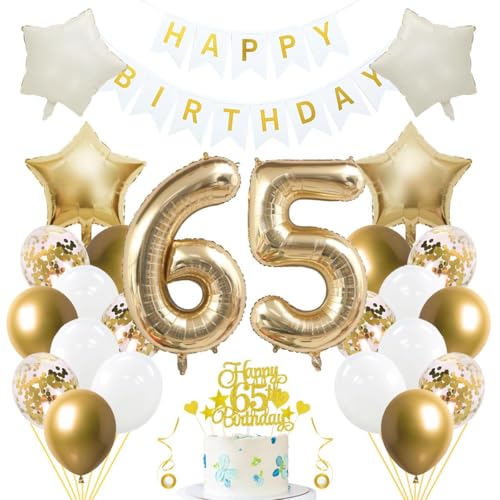 Jxuzh 65. Geburtstag Dekoset 'Hellgold & Weiß'33-teiliges Set mit Luftballons, Girlande, Folienzahl 65, cremefarbenen Sternen & Glitzer-Kuchen topper – Für Männer und Frauen Jxuzh 65. Geburtstag Dekoset 'Hellgold & Weiß'33-teiliges Set mit Luftballons, Girlande, Folienzahl 65, cremefarbenen Sternen & Glitzer-Kuchen topper – Für Männer und Frauen von Jxuzh