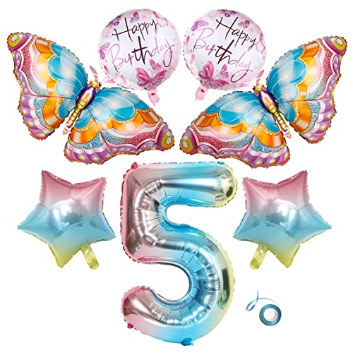 Jxuzh 7 Stück Großes Bunte Schmetterling Luftballon XL Zahl 5 Zahlen-Ballon rosa,Butterfly Folienballons Happy Birthday 5. Kinder-Geburtstag Junge Mädchen für Hochzeit, Geburtstag, Babyparty von Jxuzh