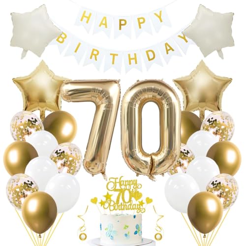 Jxuzh 70. Geburtstag Dekoset 'Hellgold & Weiß'33-teiliges Set mit Luftballons, Girlande, Folienzahl 70, cremefarbenen Sternen & Glitzer-Kuchen topper – Für Männer und Frauen Jxuzh 70. Geburtstag Dekoset 'Hellgold & Weiß'33-teiliges Set mit Luftballons, Girlande, Folienzahl 70, cremefarbenen Sternen & Glitzer-Kuchen topper – Für Männer und Frauen von Jxuzh