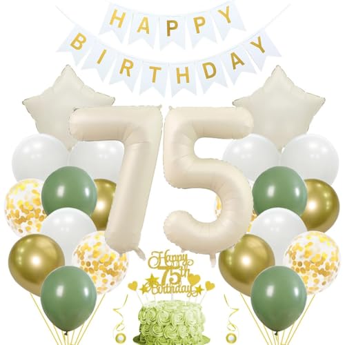 Jxuzh 75. Geburtstag Deko Salbeigrün für Mann und Frau - Luftballon, Tortendeko in Beige, Weiß, Gold - Zahl 75 von Jxuzh