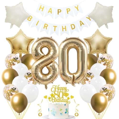 Jxuzh 80. Geburtstag Dekoset 'Hellgold & Weiß'33-teiliges Set mit Luftballons, Girlande, Folienzahl 80, cremefarbenen Sternen & Glitzer-Kuchen topper – Für Männer und Frauen Jxuzh 80. Geburtstag Dekoset 'Hellgold & Weiß'33-teiliges Set mit Luftballons, Girlande, Folienzahl 80, cremefarbenen Sternen & Glitzer-Kuchen topper – Für Männer und Frauen von Jxuzh