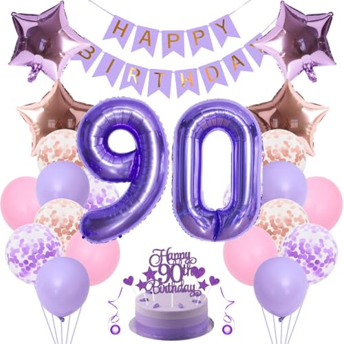 Jxuzh 90. Geburtstag Deko für Frauen und Männer - Rosa Lila Luftballons, Roségold Tortendeko - Geburtstagsdeko Set von Jxuzh