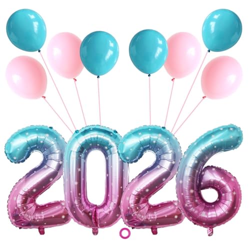 Jxuzh Bunt Silvester Deko Set 2026,Folienballons Set 2026 Ballon Set Bunt Silvester Blau Rosa- XXL Folien Zahlenballon 2026 (80cm)+ Latex Ballons Deko für Silvesterparty, Neujahr, Geburtstag von Jxuzh