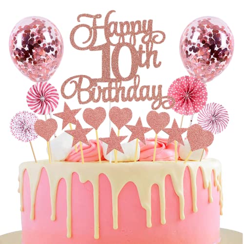 Jxuzh Happy 10th Birthday Tortendeko Rosegold - Kuchendeko für 10 Jahre Mädchen Jungen - Mit Herz Stern für 10. Geburtstag (Rosegold 10) von Jxuzh