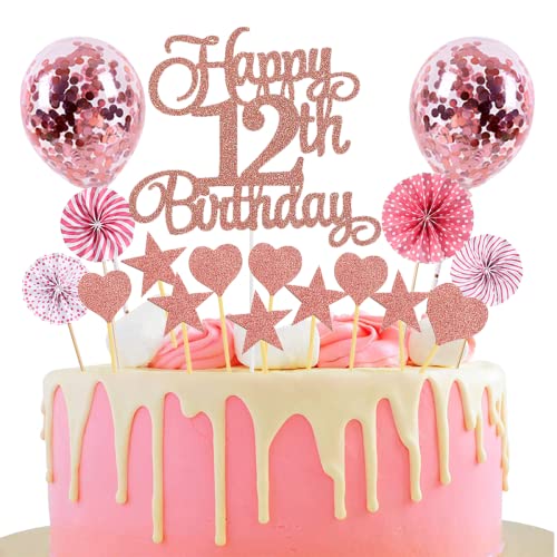 Jxuzh Happy 12th Birthday Tortendeko rosegold 12 Jahre Mädchen Jungen Kuchendeko 12. Geburtstag Kuchen Deko Tortendeko 12 Geburtstag Jungen Tortendeko rosa Mit Herz Stern Für 12 Geburtstag Cake Topper von Jxuzh