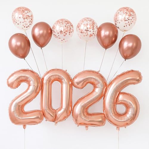 Jxuzh Rosegold Silvester Deko Set 2026,Folienballons Set 2026 Ballon Set Silvester- XXL Folien Zahlenballon 2026 (80cm)+ Rosegold Latex & Glitzer Ballons Deko für Silvesterparty, Neujahr, Geburtstag von Jxuzh