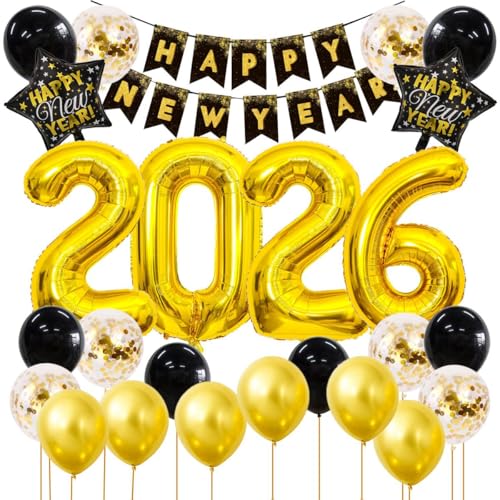 Jxuzh Silvester Deko 2026 XXL Set Schwarz Gold 25 Stück- Folienballons (Zahl 2026)80cm-Happy New Year Girlande Sternen Luftballons für Silvesterparty, Neujahr, Jahreswechsel Partydekoration von Jxuzh