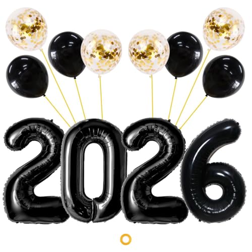 Jxuzh Silvesterballons Set 2026 Black,Luftballon Set Silvester 2026 Black- XXL Folien Zahlenballon 2026 (80cm)+Latex & Glitzer Ballons Deko für Silvesterparty, Neujahr, Geburtstag von Jxuzh