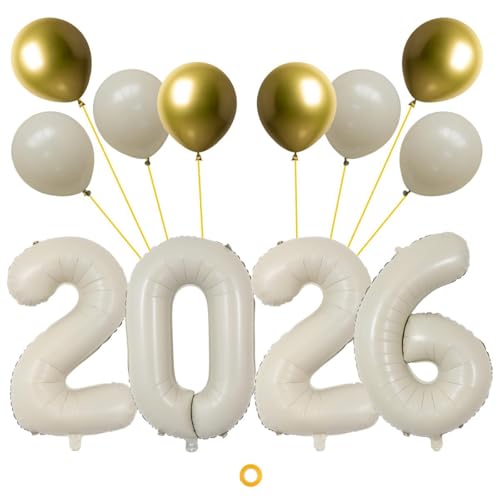 Jxuzh Silvesterballons Set 2026 Milchig Weiß,Luftballon Set Silvester 2026 Milchig Weiß- XXL Folien Zahlenballon 2026 (80cm)+ MetalGold Latex &Ballons Deko für Silvesterparty, Neujahr, Geburtstag von Jxuzh