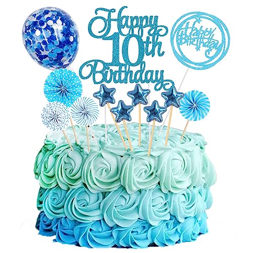 Jxuzh Tortendeko 10 Geburtstag Blau 10th Happy Birthday Cake Topper 10.geburtstagstorte Topper Kuchen Topper Blau Sternen Konfetti Luftballons Papierfächer Für Junge Mädchen Tortendeko Geburtstag von Jxuzh